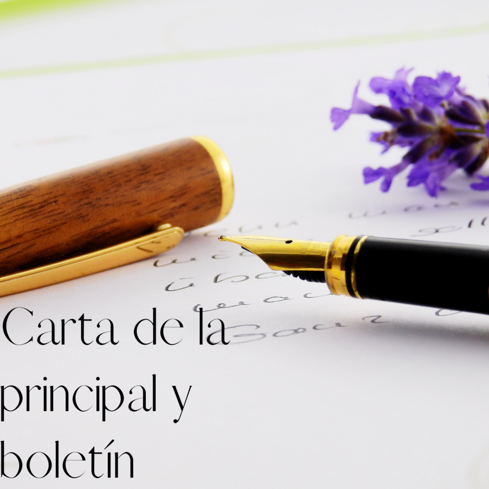 Carta  de la principal y boletín Noviembre 2022 picture of a water fountain pen with purple flowers and stationery