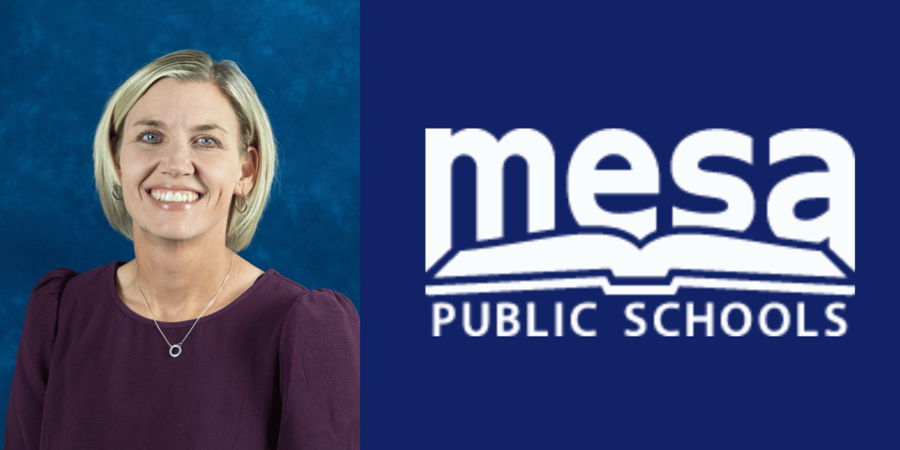 A photo of a woman and the Mesa Public Schools logo