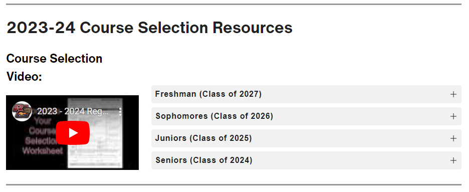 Screenshot of the registration information webpage with 2023-24 Course Selection Resources at top, Video at left, and list of grade levels at right