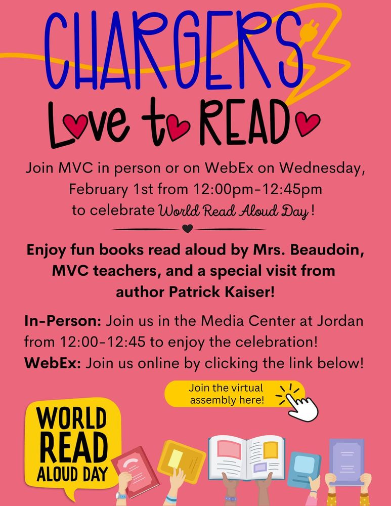 Chargers love to Read February 1st from 12:00-12:45 pm Read aloud with the principal and another author